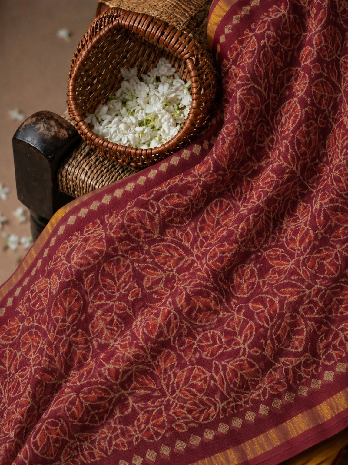 Maroon Kota Doria Hand Block Print Saree with Beige Leaf Vine Motifs & Golden Border