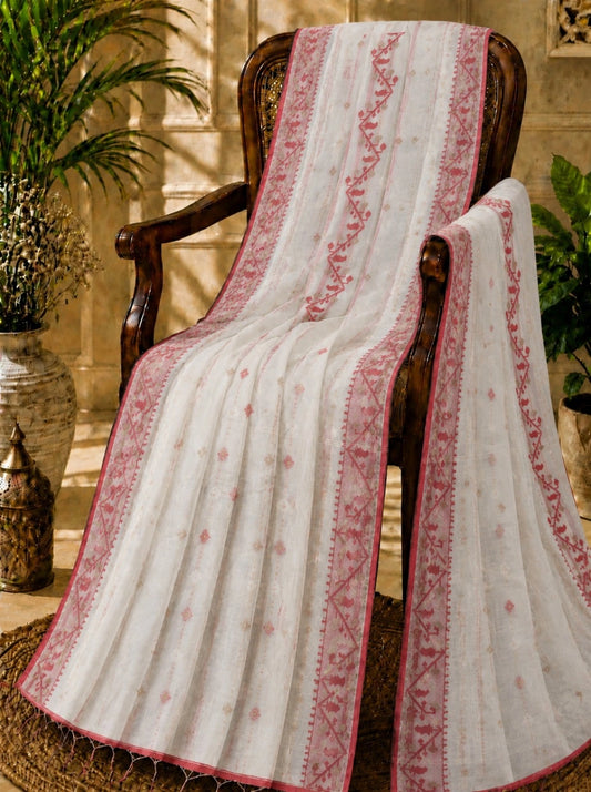 White & Pink Muslin Jamdani Saree with Traditional Woven Floral Border