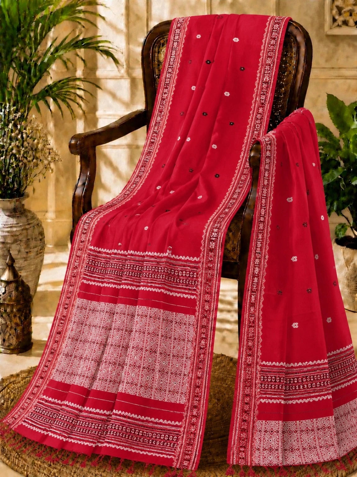 Pure Cotton Weaving Saree in Red with Traditional White Woven Border & Floral Buti Work