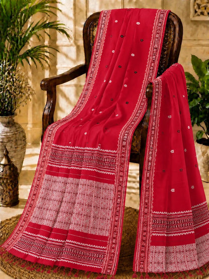 Pure Cotton Weaving Saree in Red with Traditional White Woven Border & Floral Buti Work