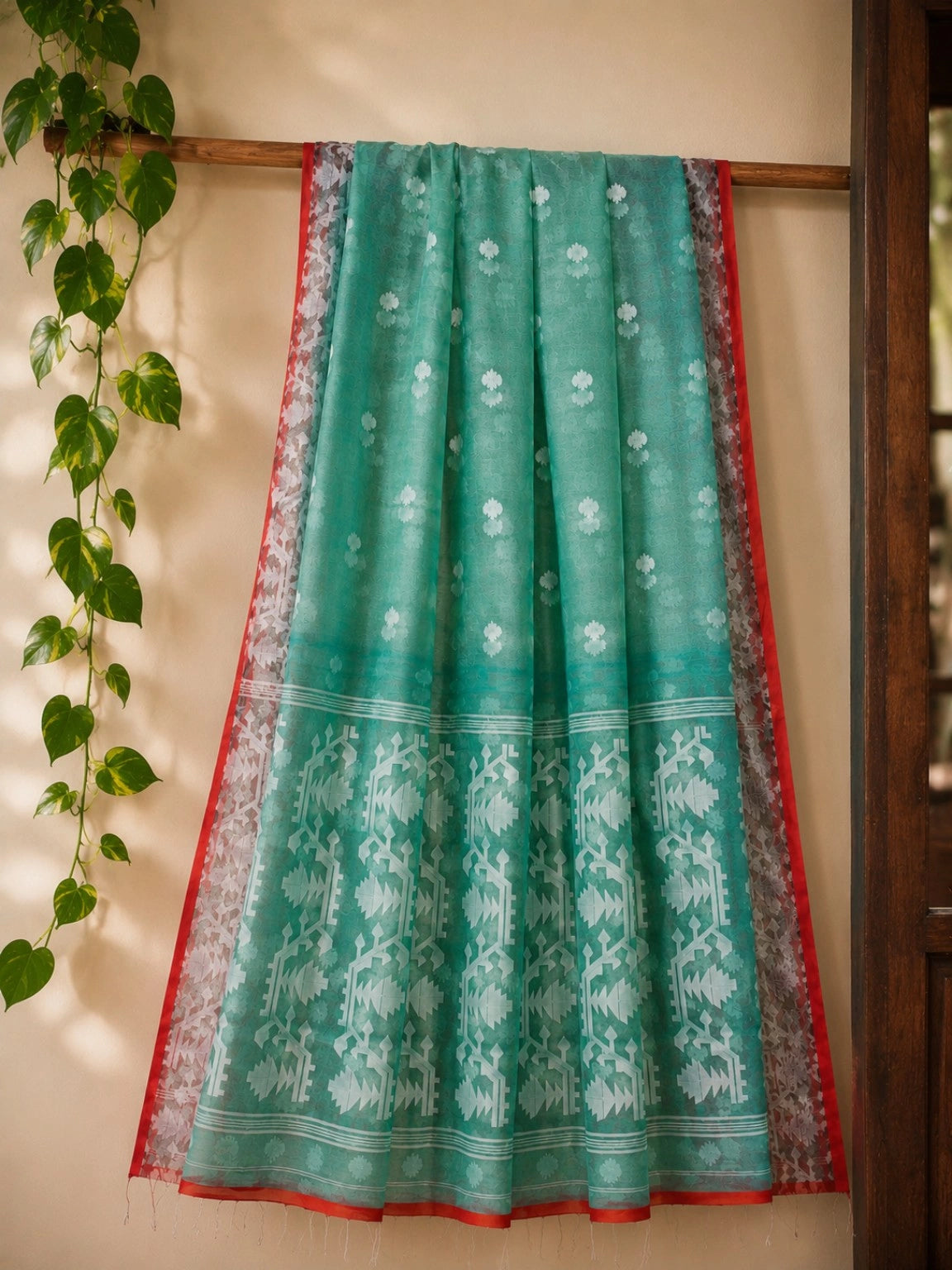 Aqua Green Jamdani Style Saree with White Floral Buti and Geometric Woven Border