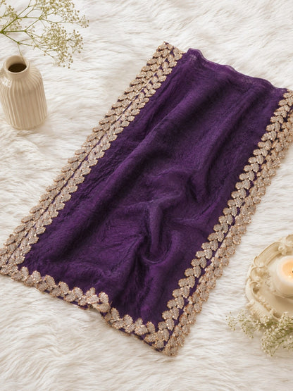 Deep Purple Jimmy Choo Saree with Golden Leaf Embellished Border