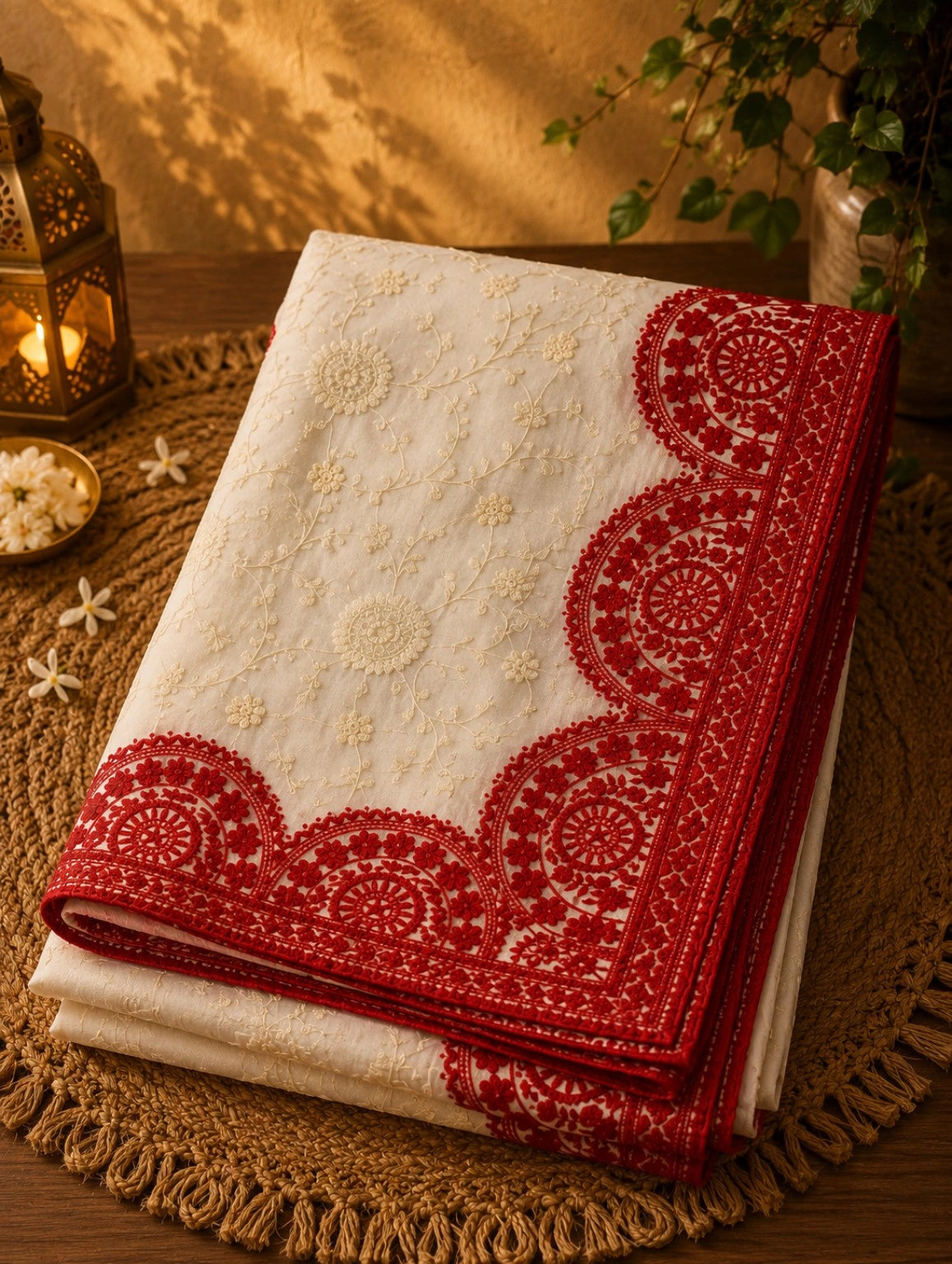 WEVOW Off White Soft Georgette Lucknow Embroidery Saree with Red Floral Cutwork Border