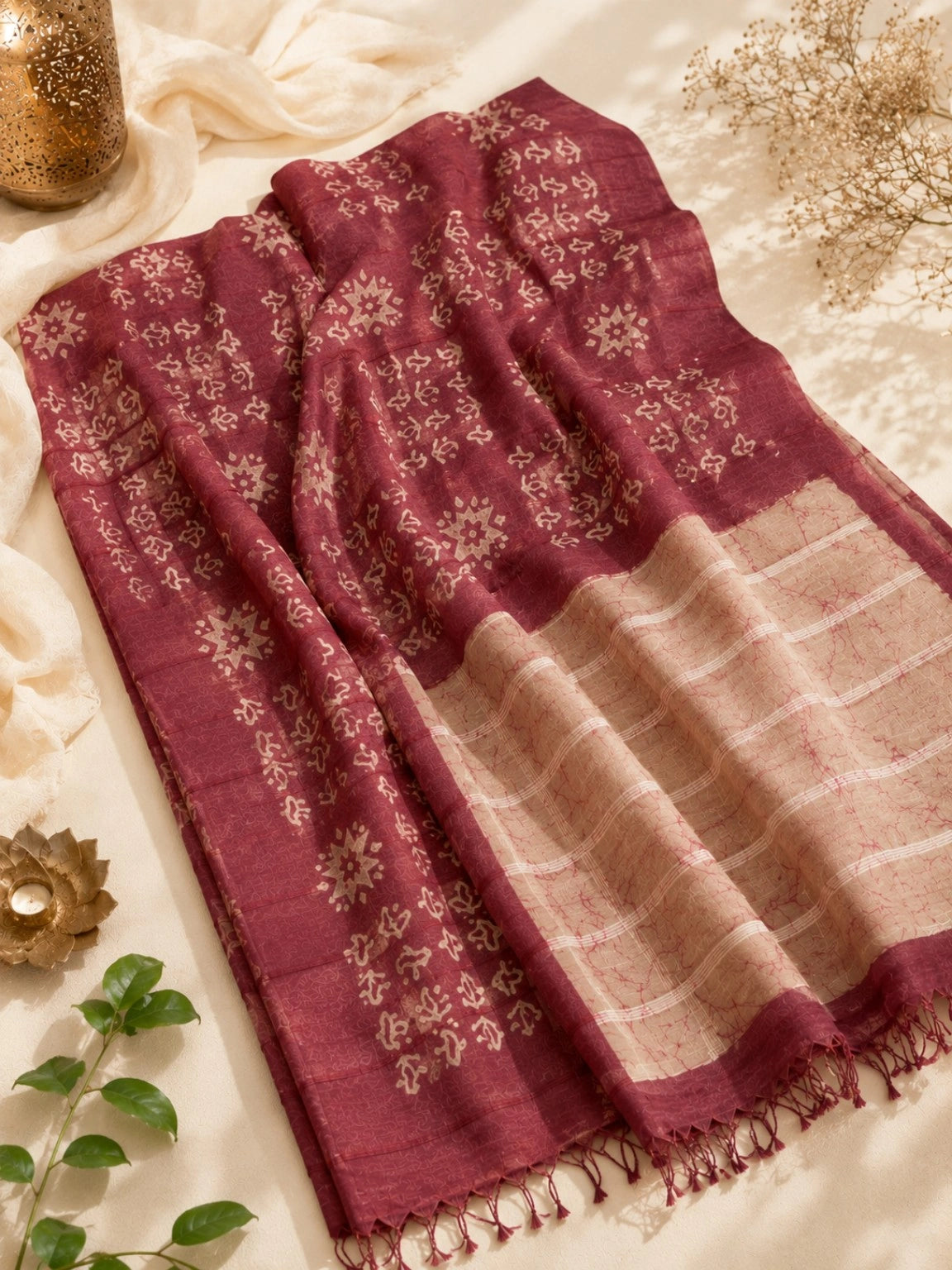 Maroon Linen Batik Print Saree with Beige Abstract Motifs & Contrast Pallu