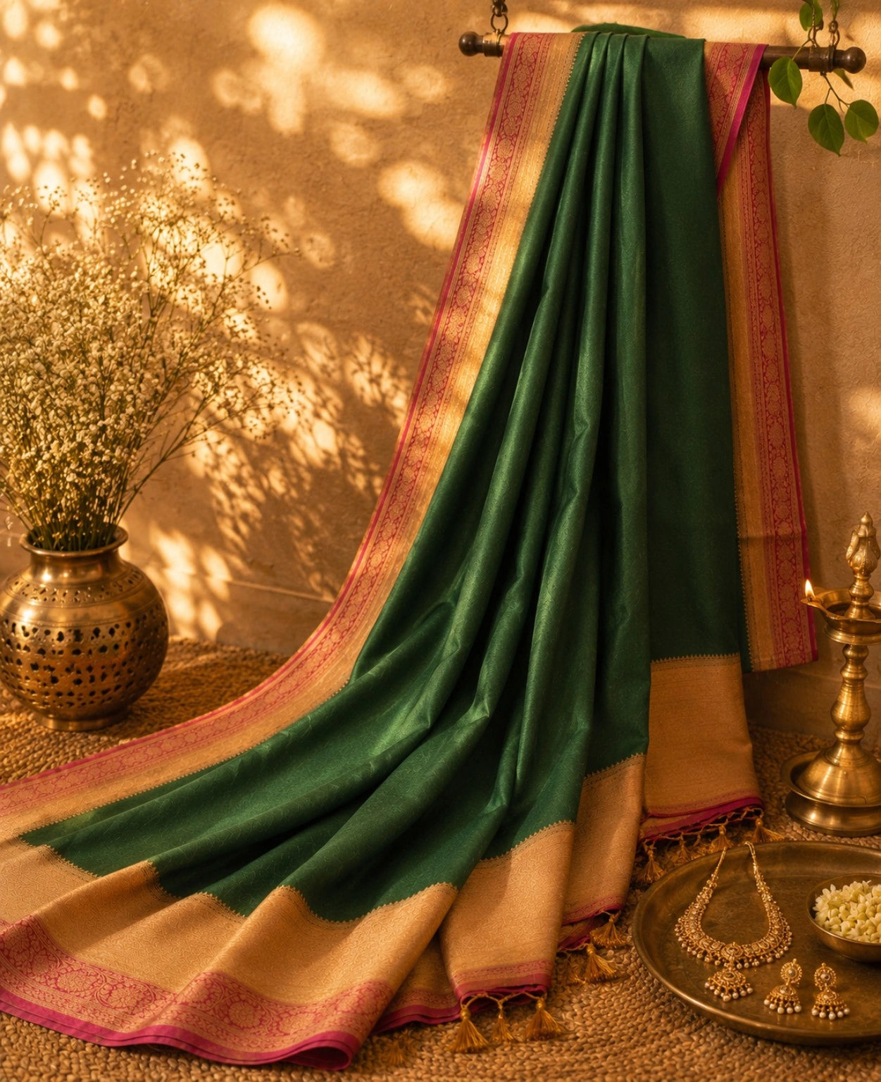 Emerald Green Chinon Coco Zari Khaddi Saree with Gold Woven Border & Rani Pink Zari Accents