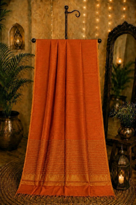 Burnt Orange Linen Zari Saree with Gold Woven Border & Tassel Pallu
