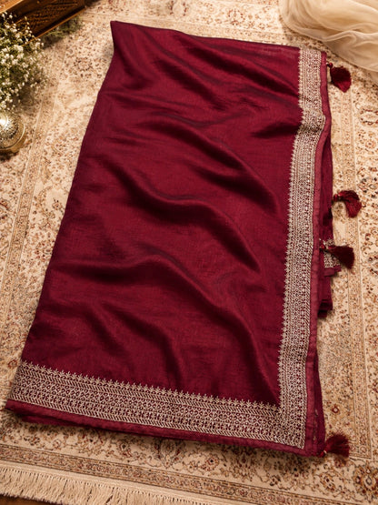 Maroon Soft Vichitr Silk Saree with Intricate Golden Woven Border & Tassel Pallu