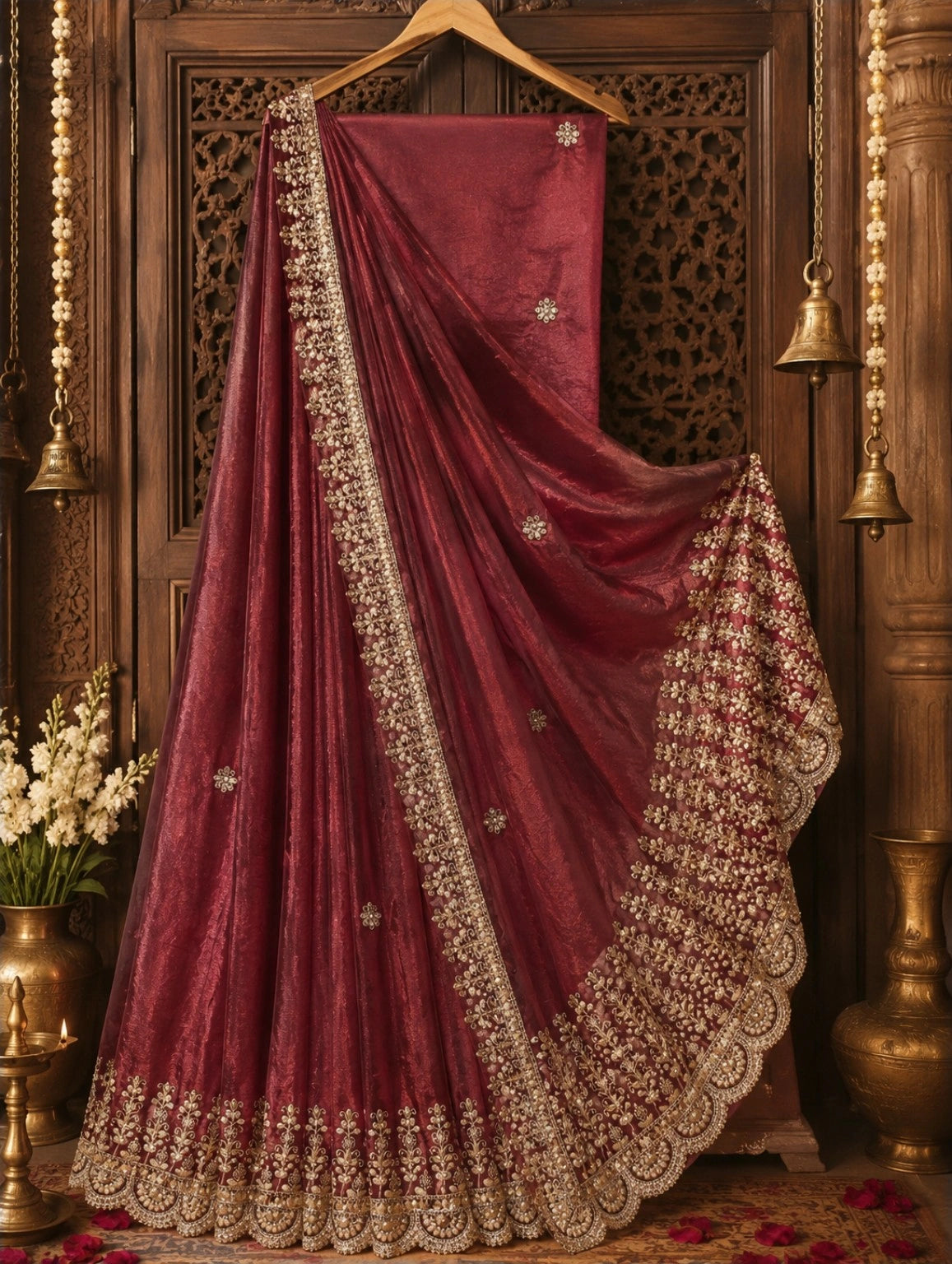 Wine Maroon Jimmy Choo Saree with Gold Embroidered Floral Buta and Scalloped Border