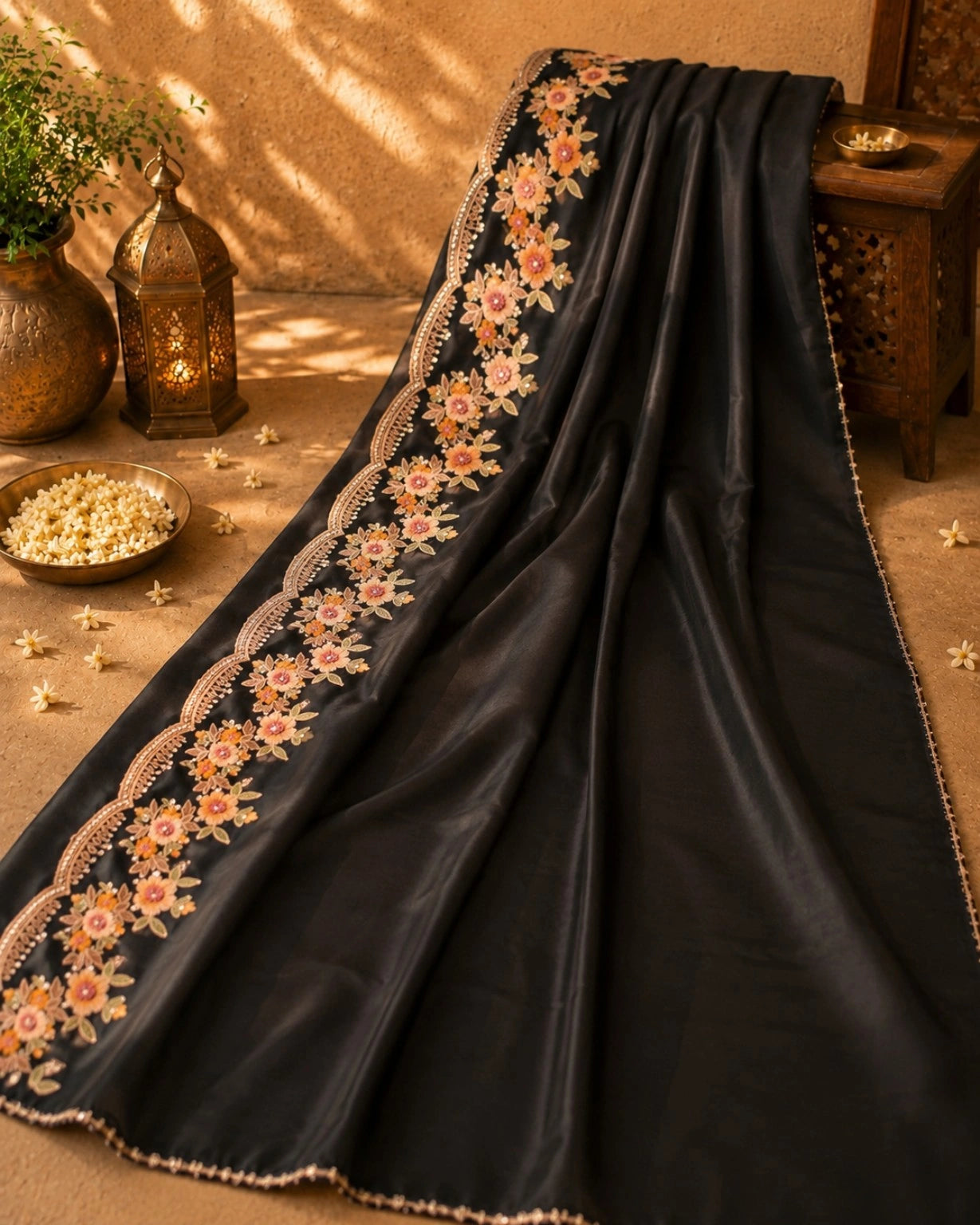 Black Soft Premium Silk Saree with Peach Floral Embroidered Scalloped Border