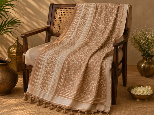 Beige Linen Bagru Print Saree with Floral Block Motif & Artisan Border