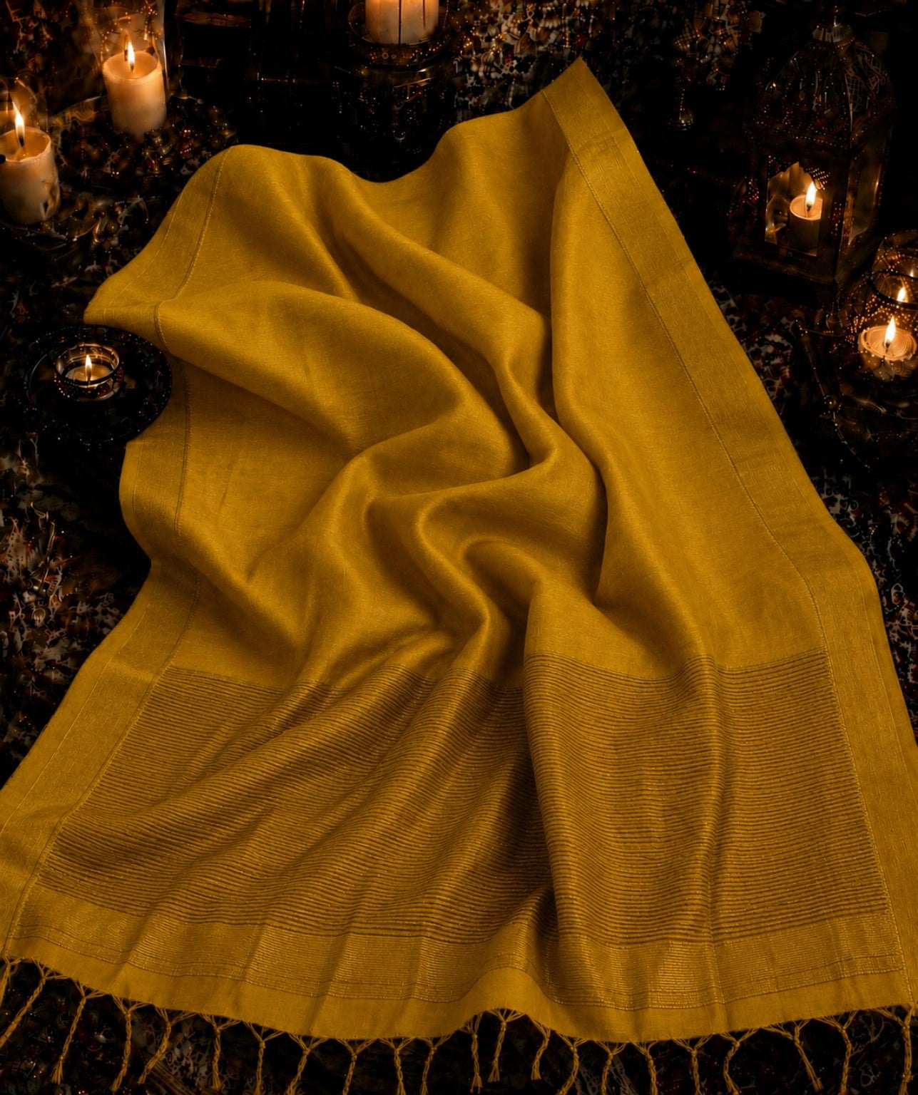 Mustard Yellow Linen Zari Saree with Subtle Woven Border Design