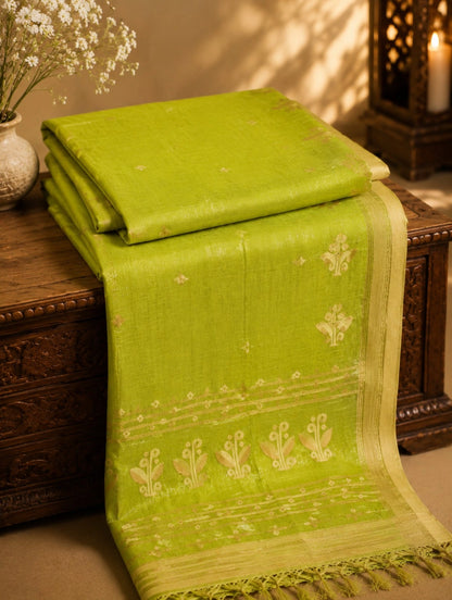 Lime Green Cotton Tangail Handloom Saree with Traditional Floral Buti Motifs & Woven Border