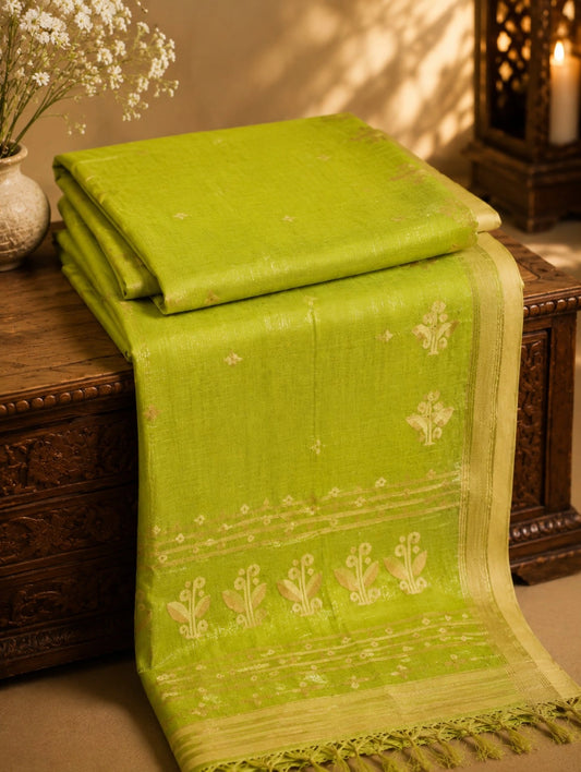 Lime Green Cotton Tangail Handloom Saree with Traditional Floral Buti Motifs & Woven Border