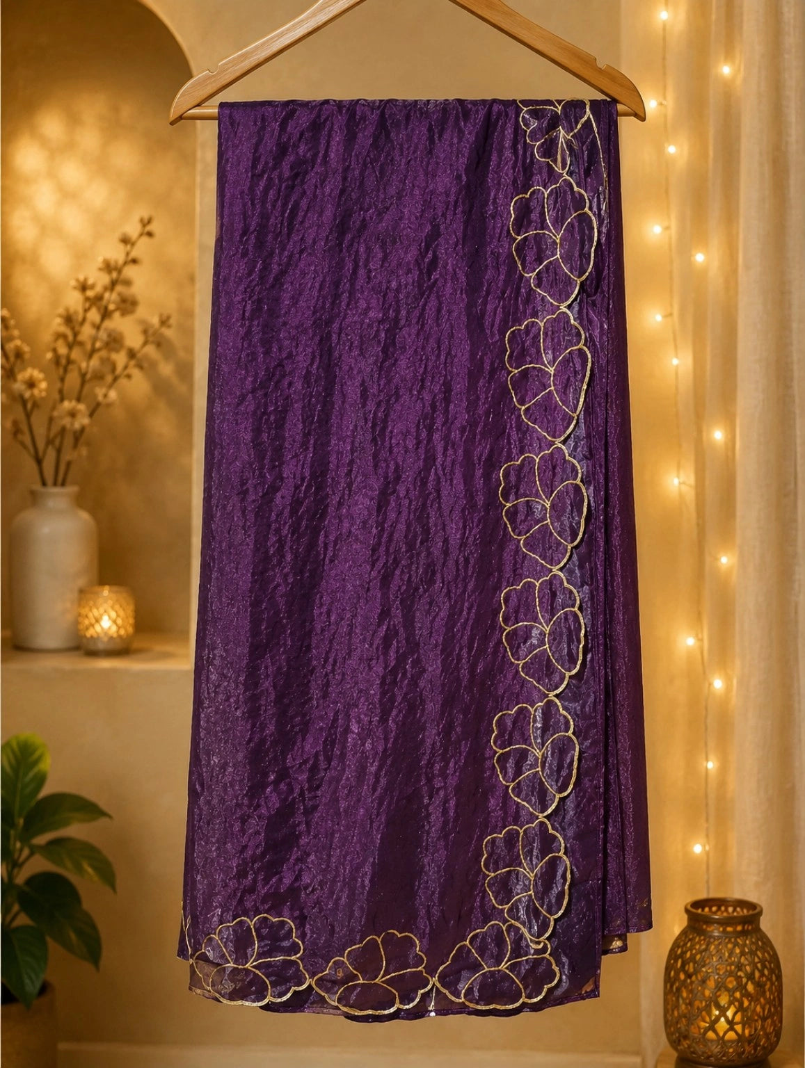 Purple Fandy Satin Embroidered Saree with Gold Floral Border Work – Festive & Party Wear