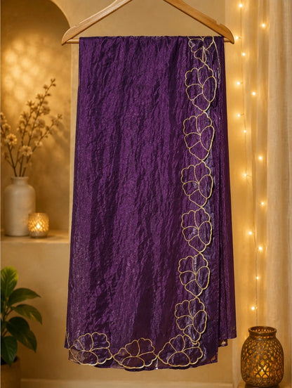 Purple Fandy Satin Embroidered Saree with Gold Floral Border Work – Festive & Party Wear