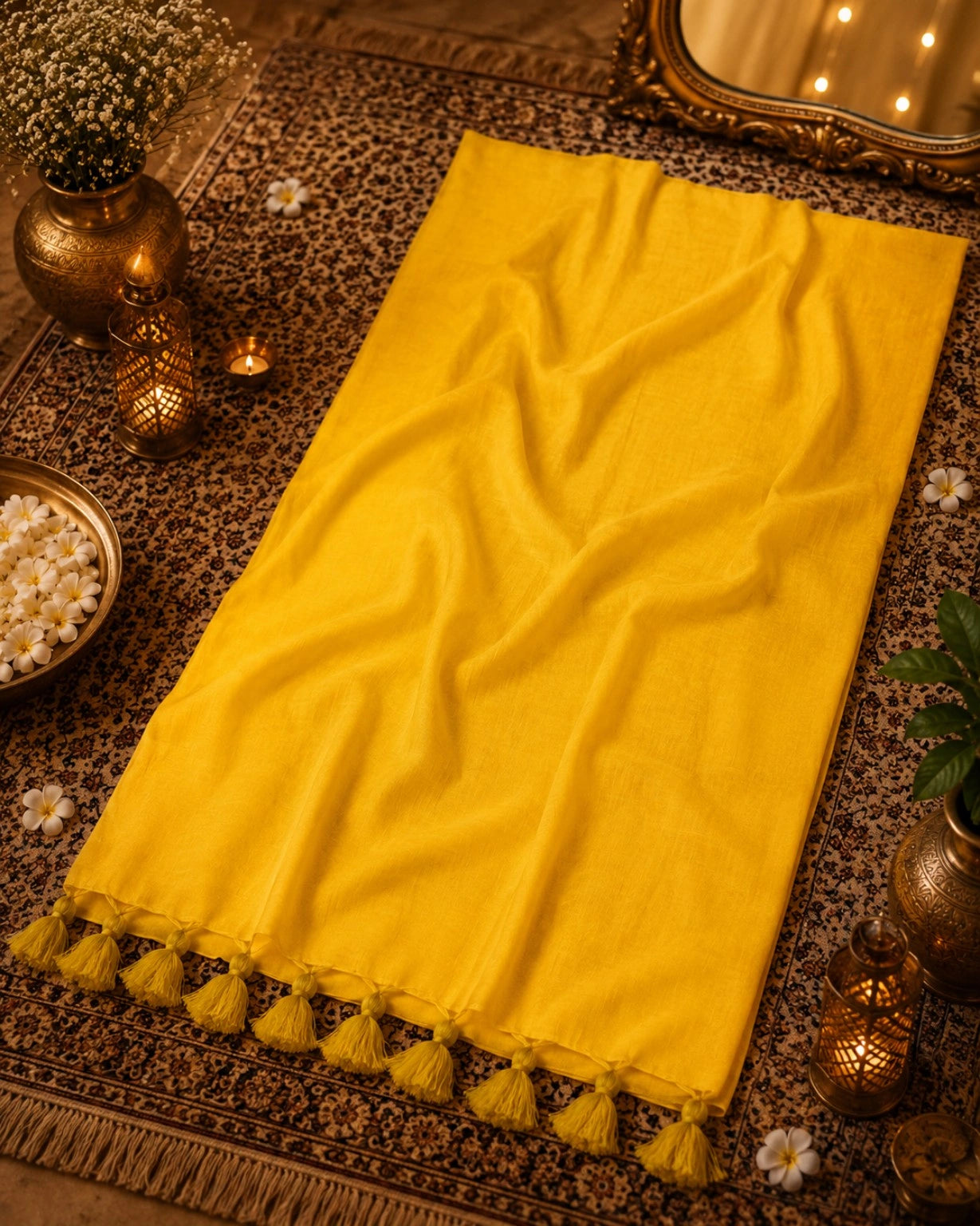 Sunshine Yellow Solid Color Pure Cotton Saree with Matching Tassel Border