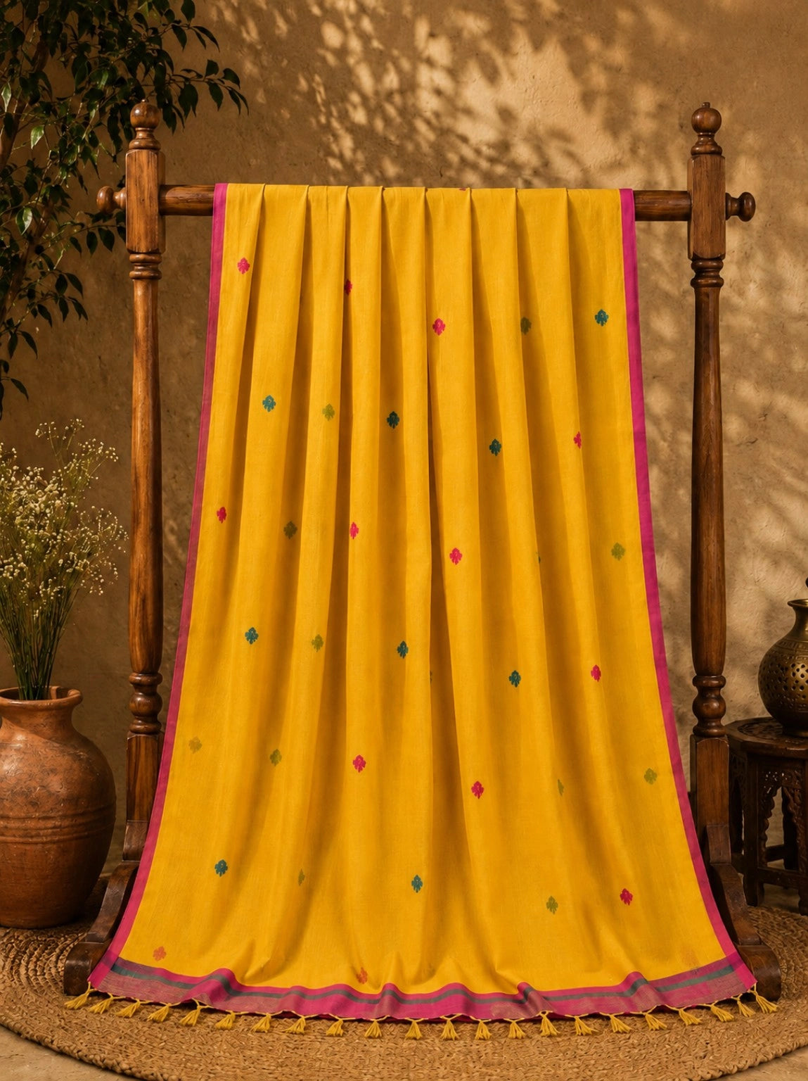Traditional Pink Cotton Saree with Teal Jamdani Design
