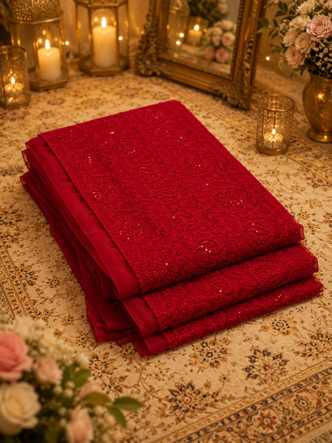 Red Chikankari Scallop Border Saree with Paisley Embroidery & Sequin Work
