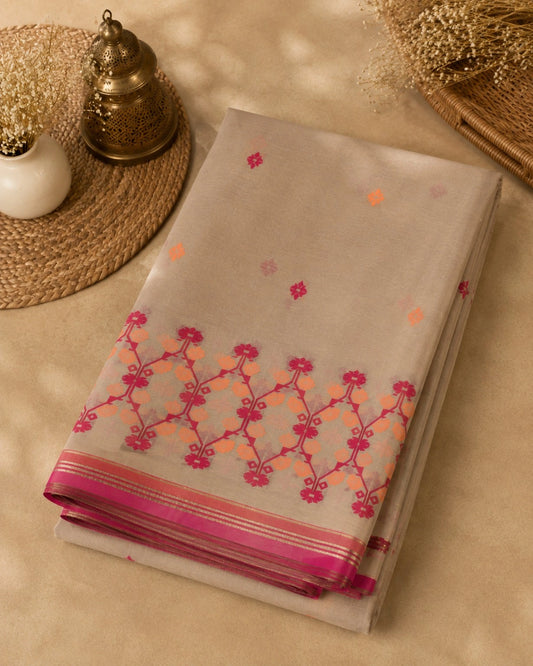 Beige Cotton Tangail Handloom Saree with Pink & Peach Woven Border Design