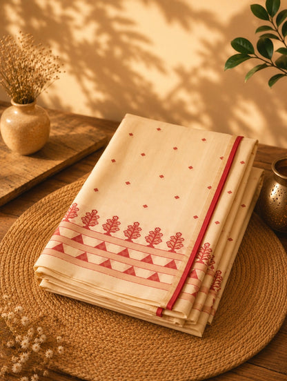 Off White Cotton Tangail Handloom Saree with Red Tribal Tree Motif Border