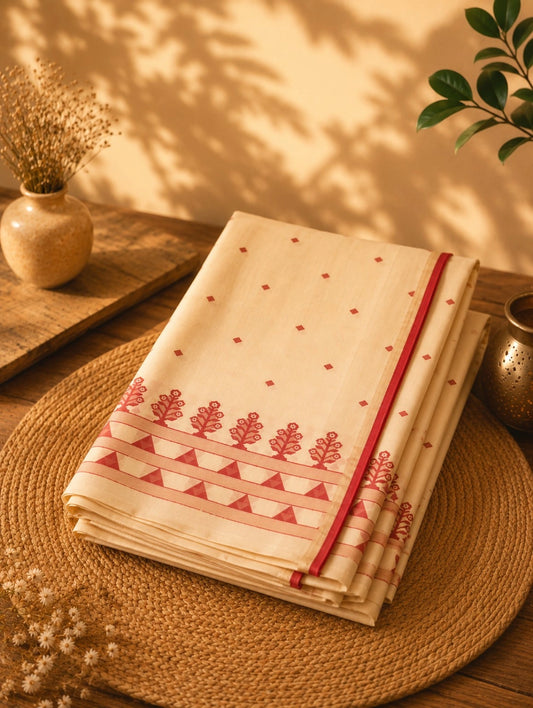 Off White Cotton Tangail Handloom Saree with Red Tribal Tree Motif Border