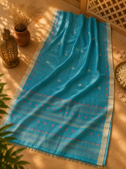 Sky Blue Cotton Tangail Handloom Saree with Pink Floral Buti & Checked Weave