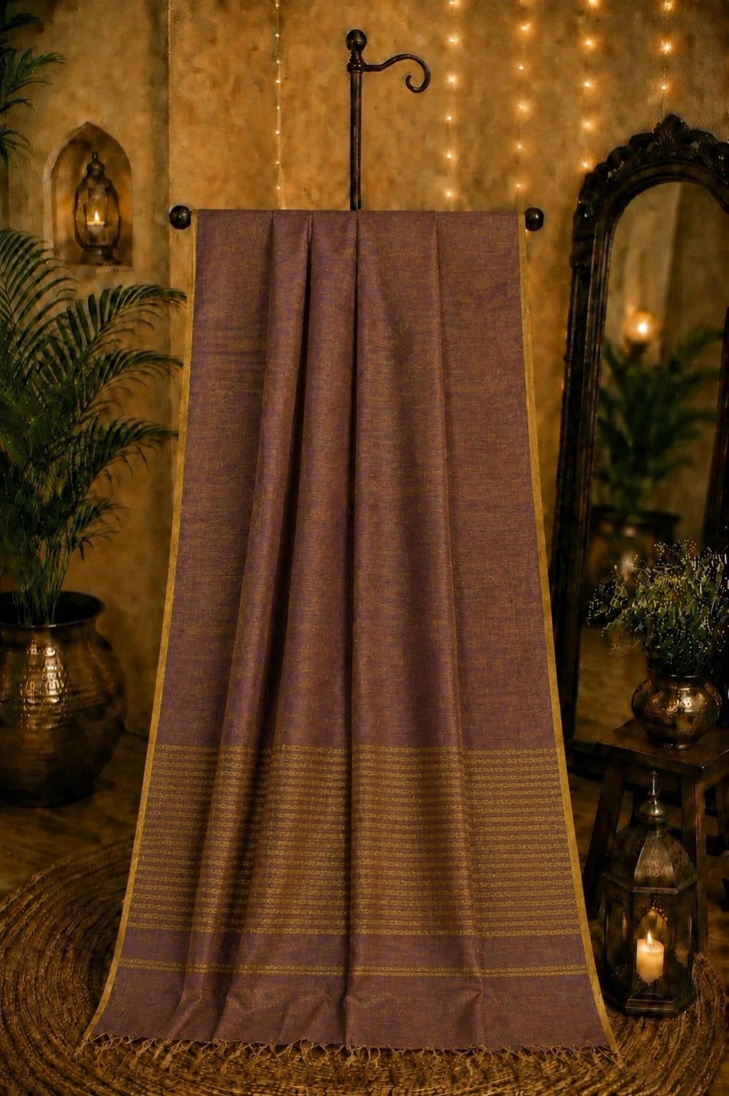 Deep Plum Linen Zari Saree with Gold Striped Pallu and Tassel Detailing