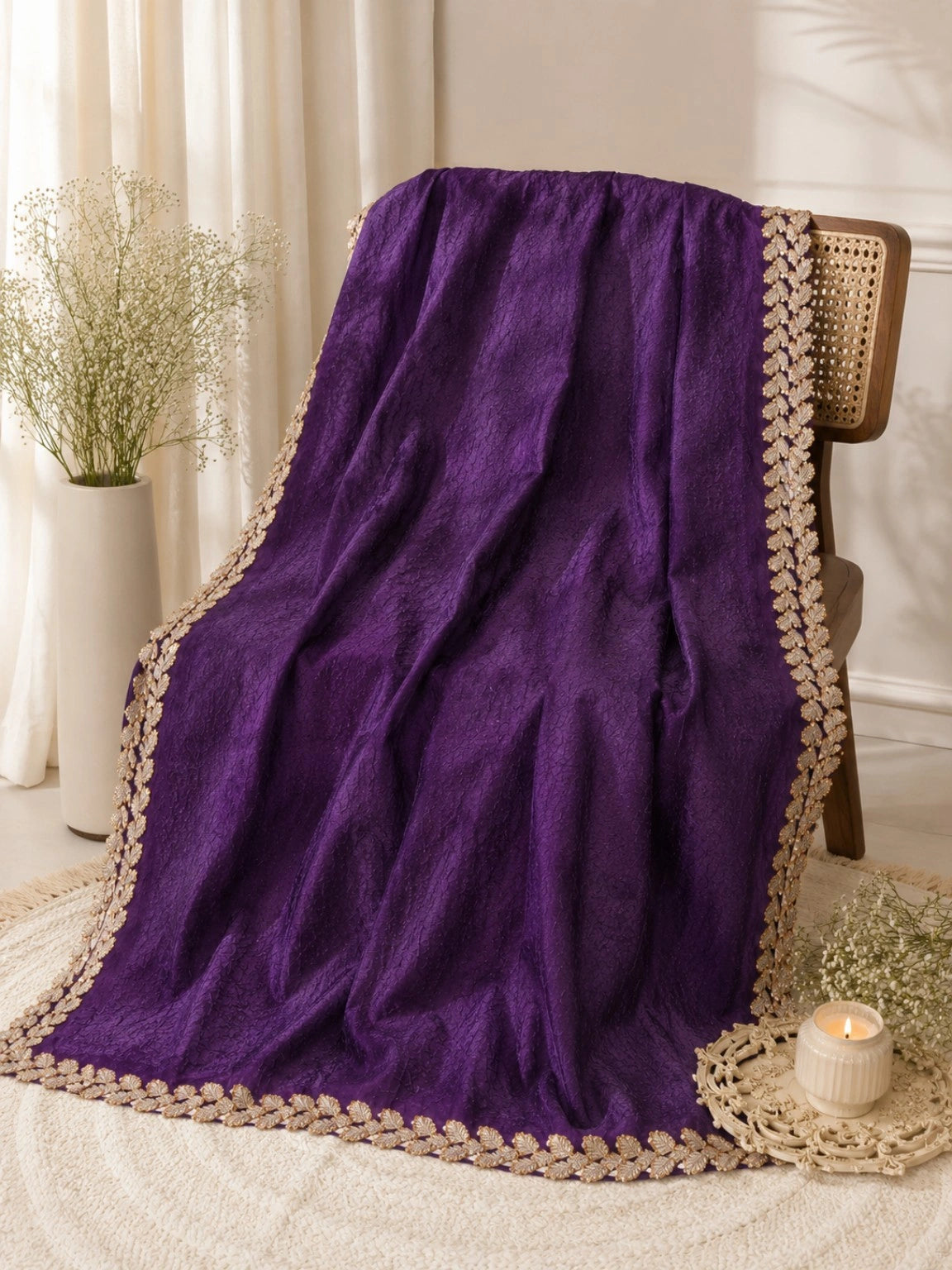 Deep Purple Jimmy Choo Saree with Golden Leaf Embellished Border