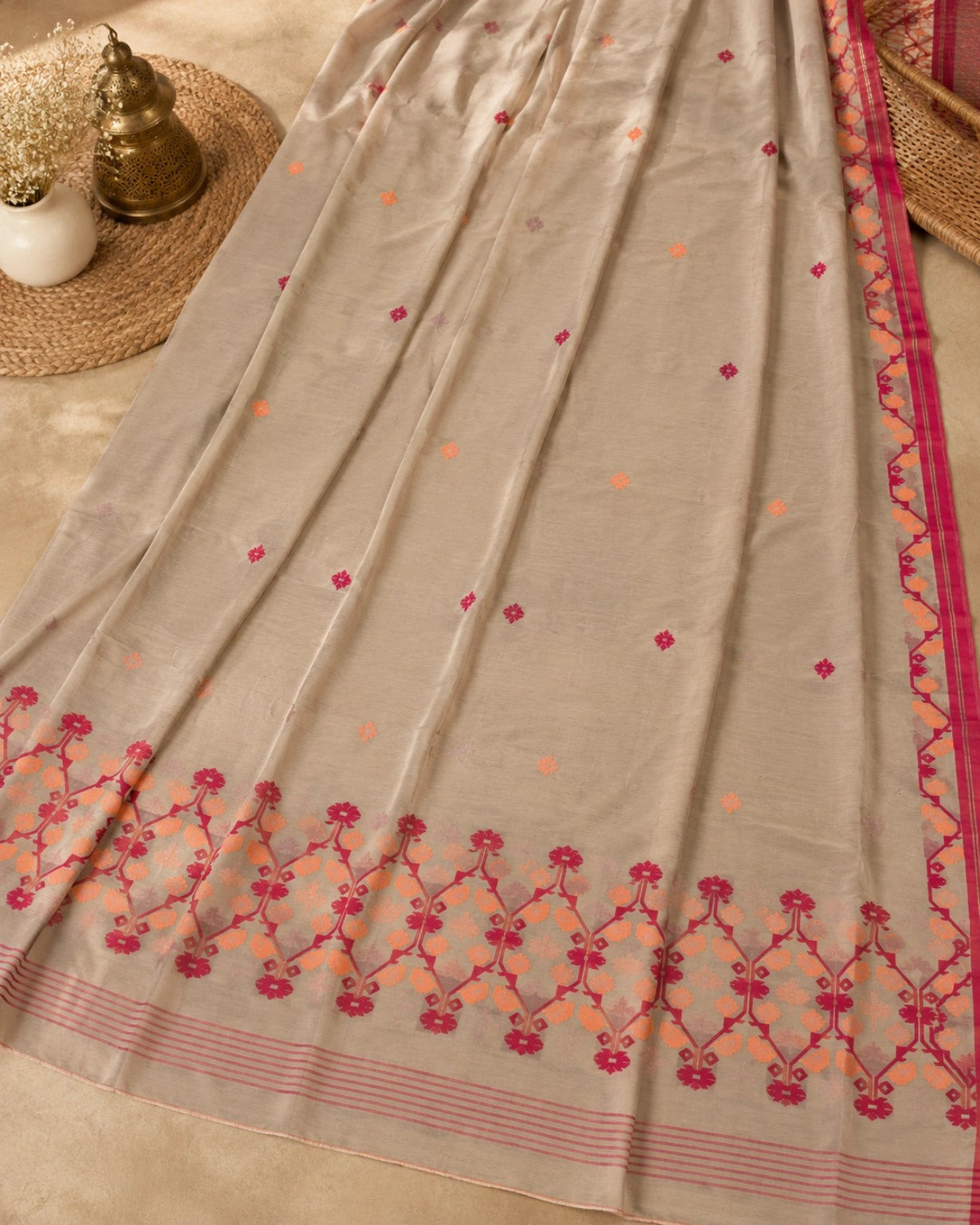 Beige Cotton Tangail Handloom Saree with Pink & Peach Woven Border Design