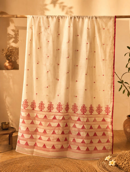 Off White Cotton Tangail Handloom Saree with Red Tribal Tree Motif Border