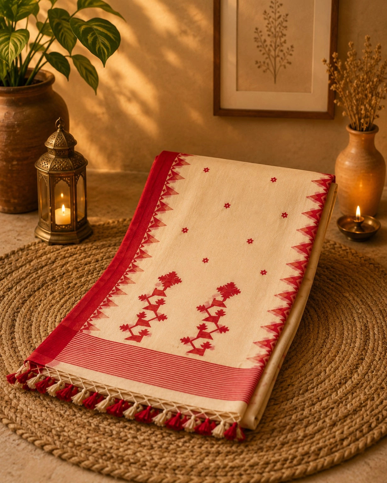 WEVOW Off-White Pure Cotton Hand Weaving Saree with Red Tribal Motifs & Geometric Border