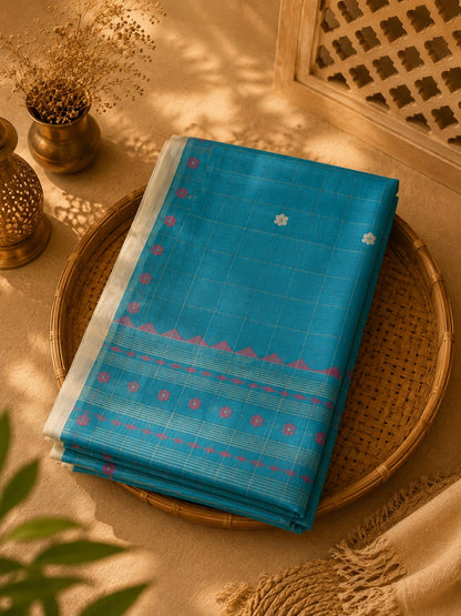 Sky Blue Cotton Tangail Handloom Saree with Pink Floral Buti & Checked Weave