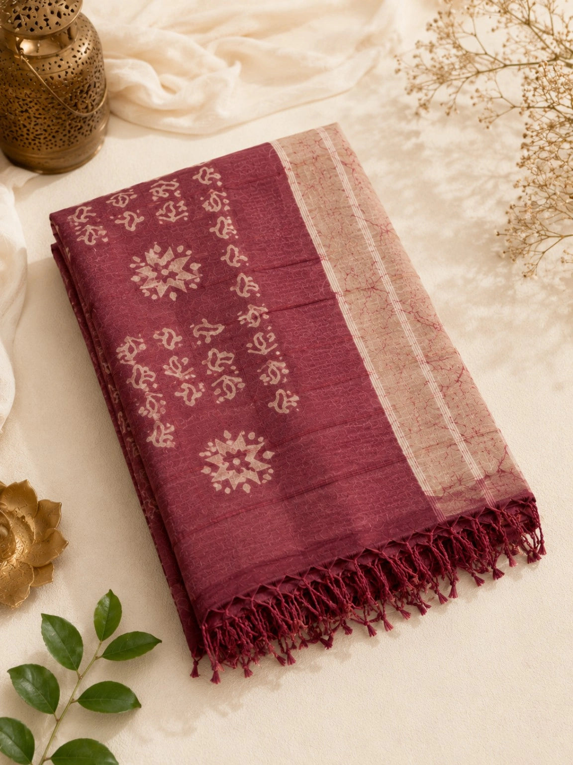 Maroon Linen Batik Print Saree with Beige Abstract Motifs & Contrast Pallu