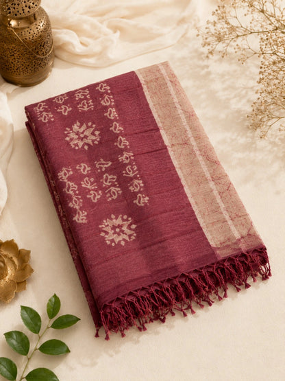 Maroon Linen Batik Print Saree with Beige Abstract Motifs & Contrast Pallu
