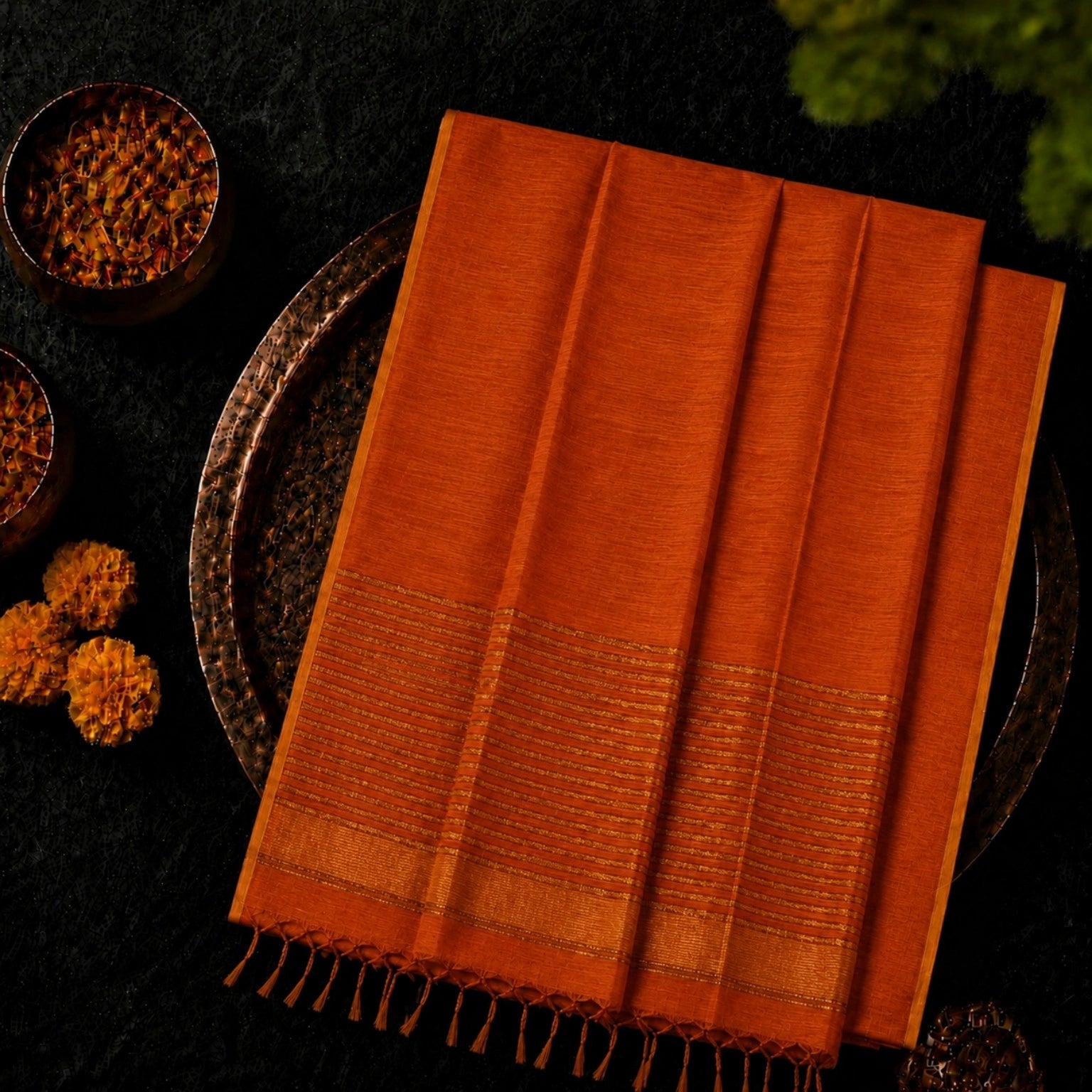 Burnt Orange Linen Zari Saree with Gold Woven Border & Tassel Pallu
