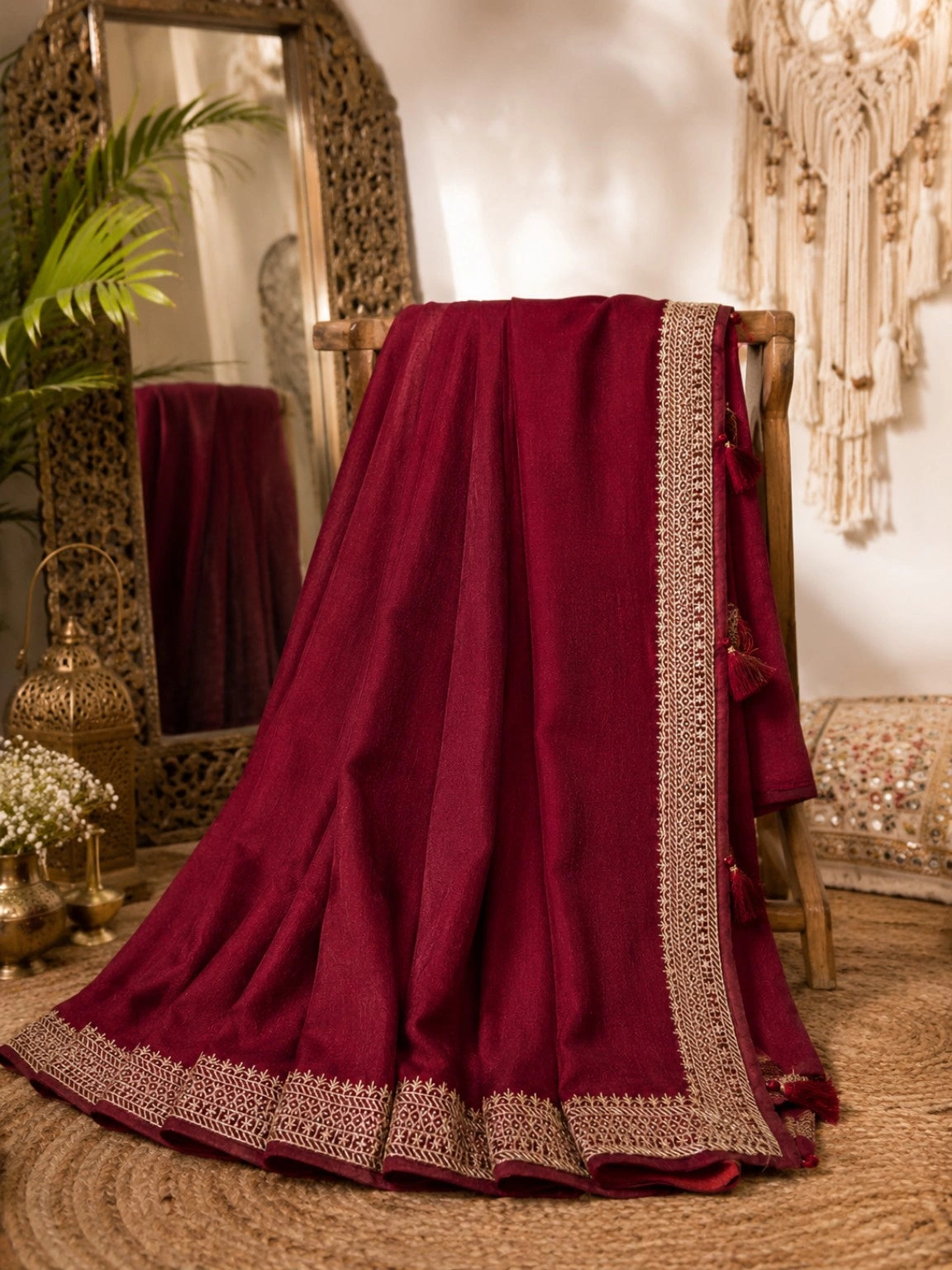 Maroon Soft Vichitr Silk Saree with Intricate Golden Woven Border & Tassel Pallu