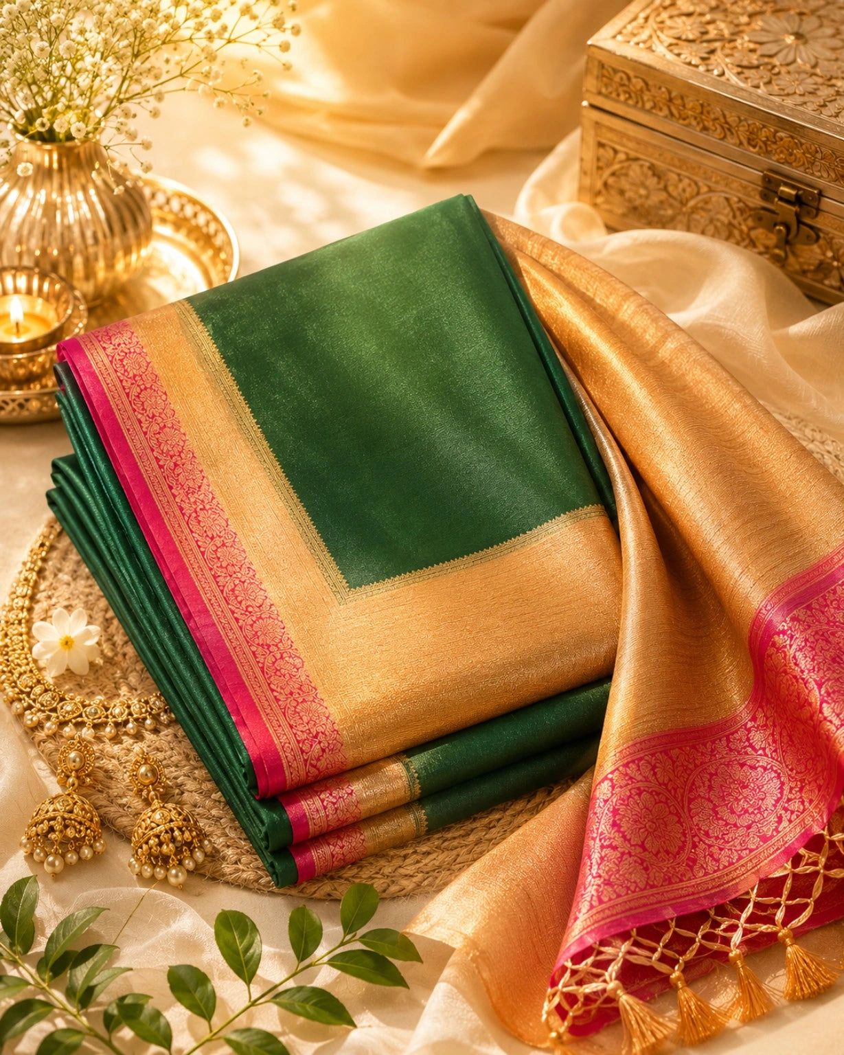Emerald Green Chinon Coco Zari Khaddi Saree with Gold Woven Border & Rani Pink Zari Accents