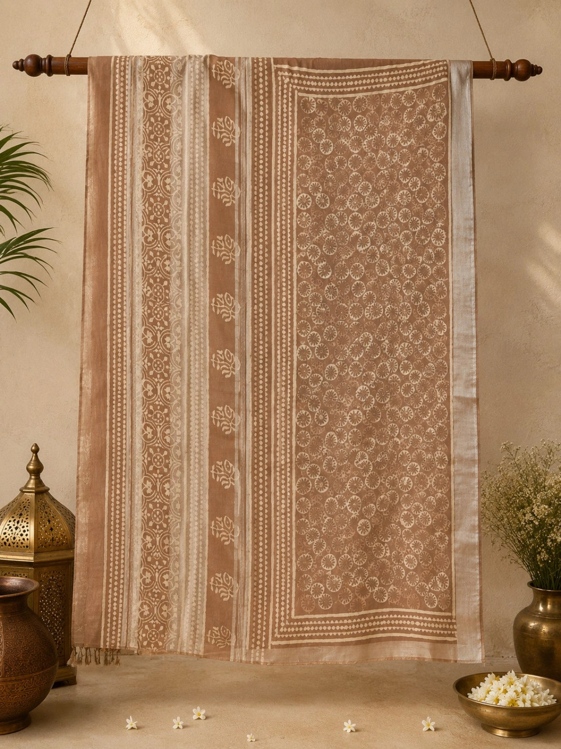 Beige Linen Bagru Print Saree with Floral Block Motif & Artisan Border