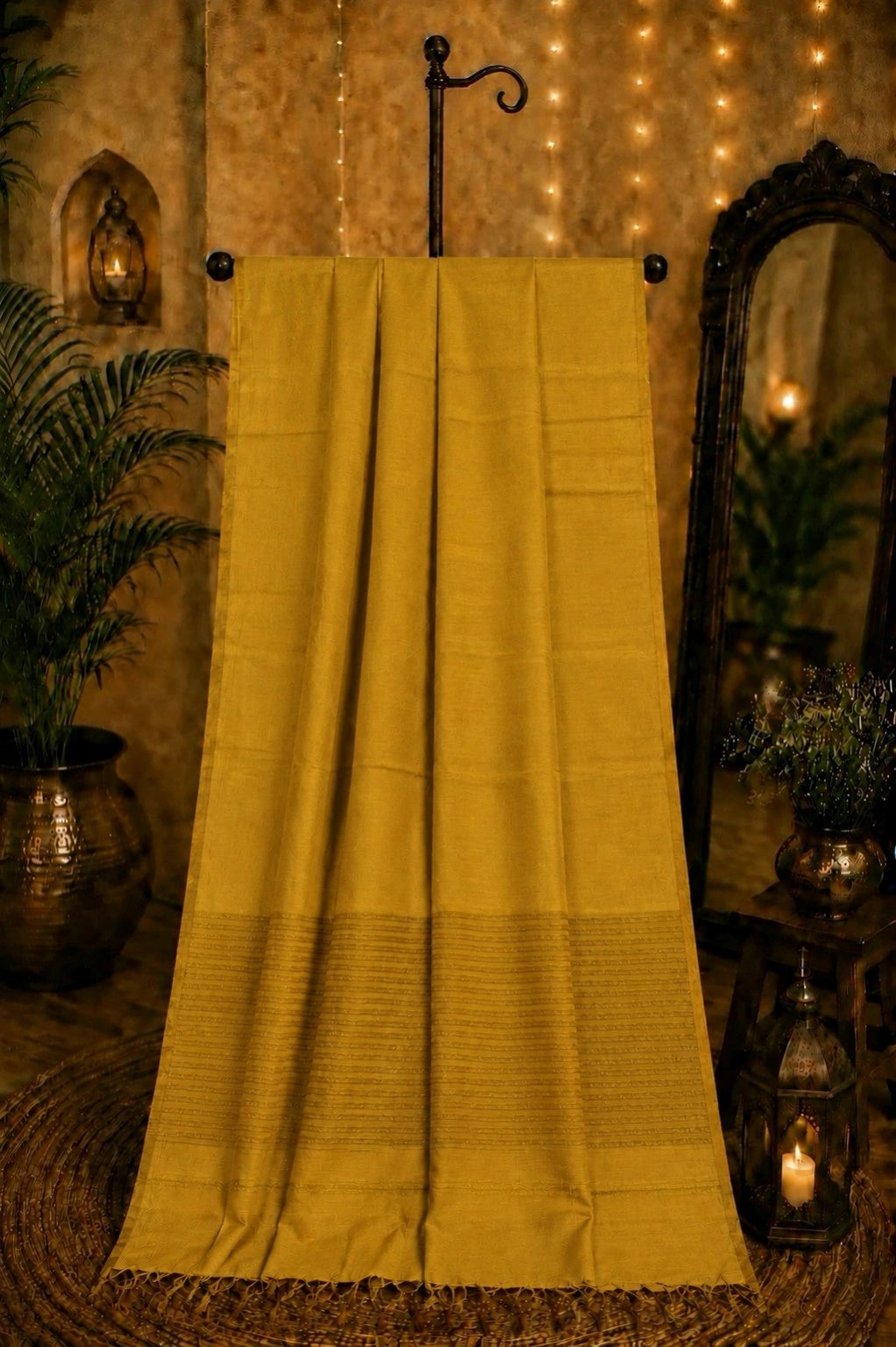 Mustard Yellow Linen Zari Saree with Subtle Woven Border Design