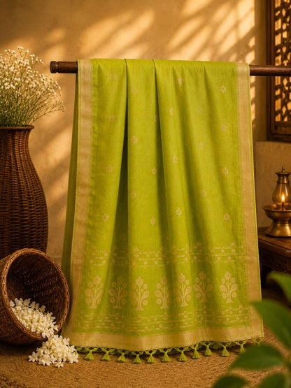 Lime Green Cotton Tangail Handloom Saree with Traditional Floral Buti Motifs & Woven Border