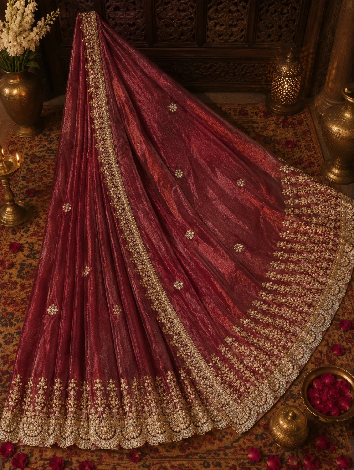 Wine Maroon Jimmy Choo Saree with Gold Embroidered Floral Buta and Scalloped Border