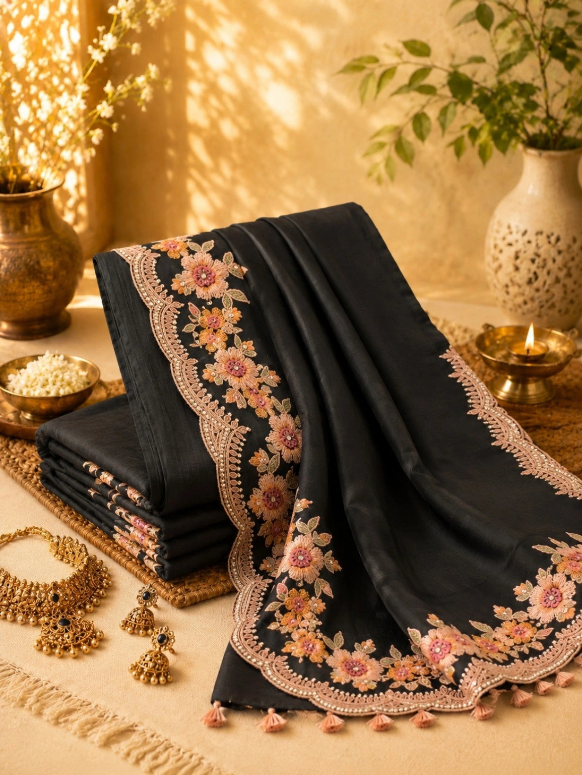 Black Soft Premium Silk Saree with Peach Floral Embroidered Scalloped Border