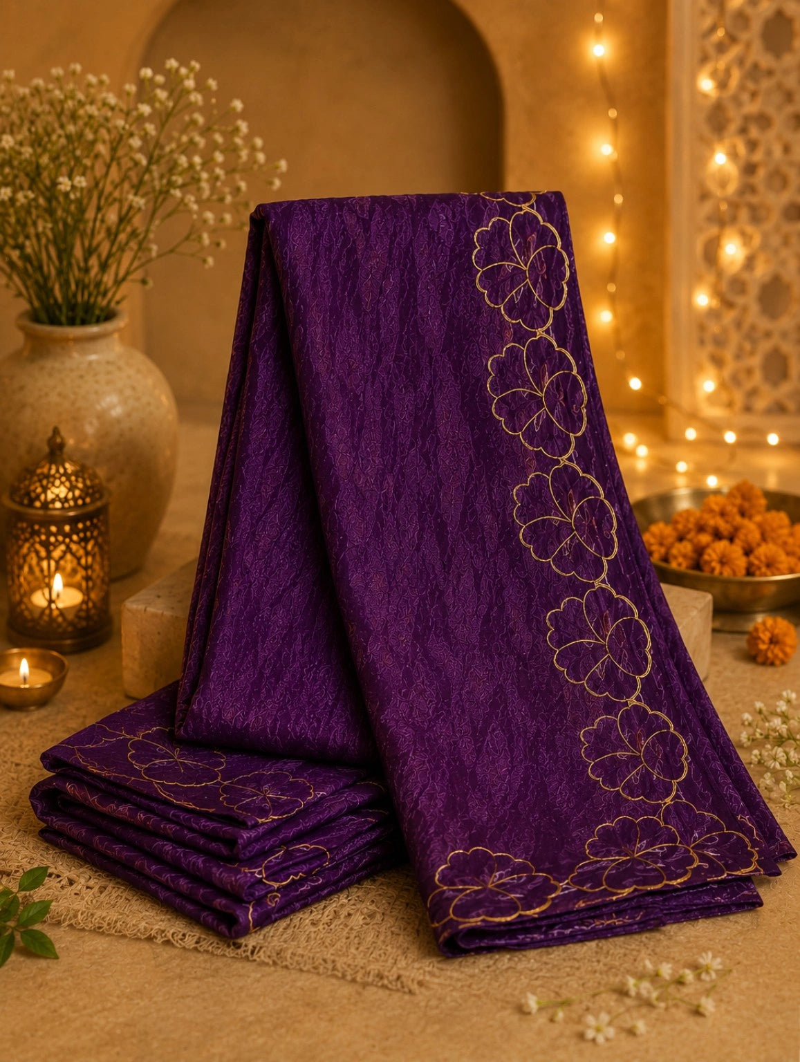 Purple Fandy Satin Embroidered Saree with Gold Floral Border Work – Festive & Party Wear