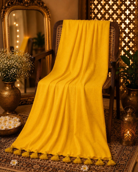 Sunshine Yellow Solid Color Pure Cotton Saree with Matching Tassel Border