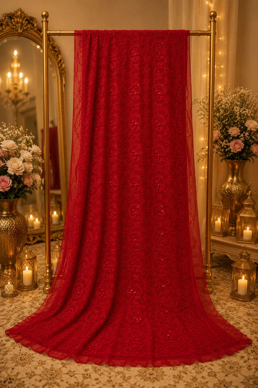 Red Chikankari Scallop Border Saree with Paisley Embroidery & Sequin Work