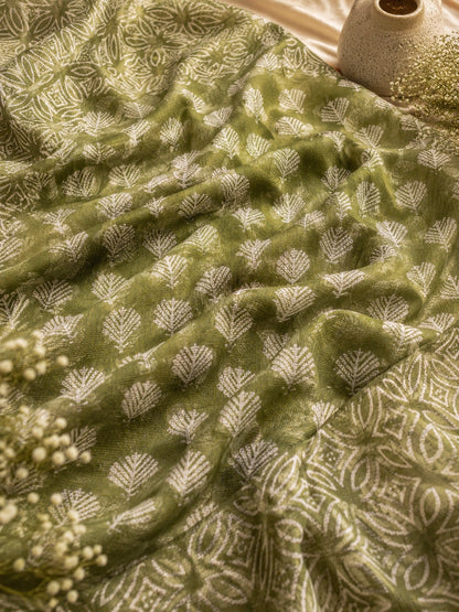 Olive Green Kota Dori Hand Block Print Saree