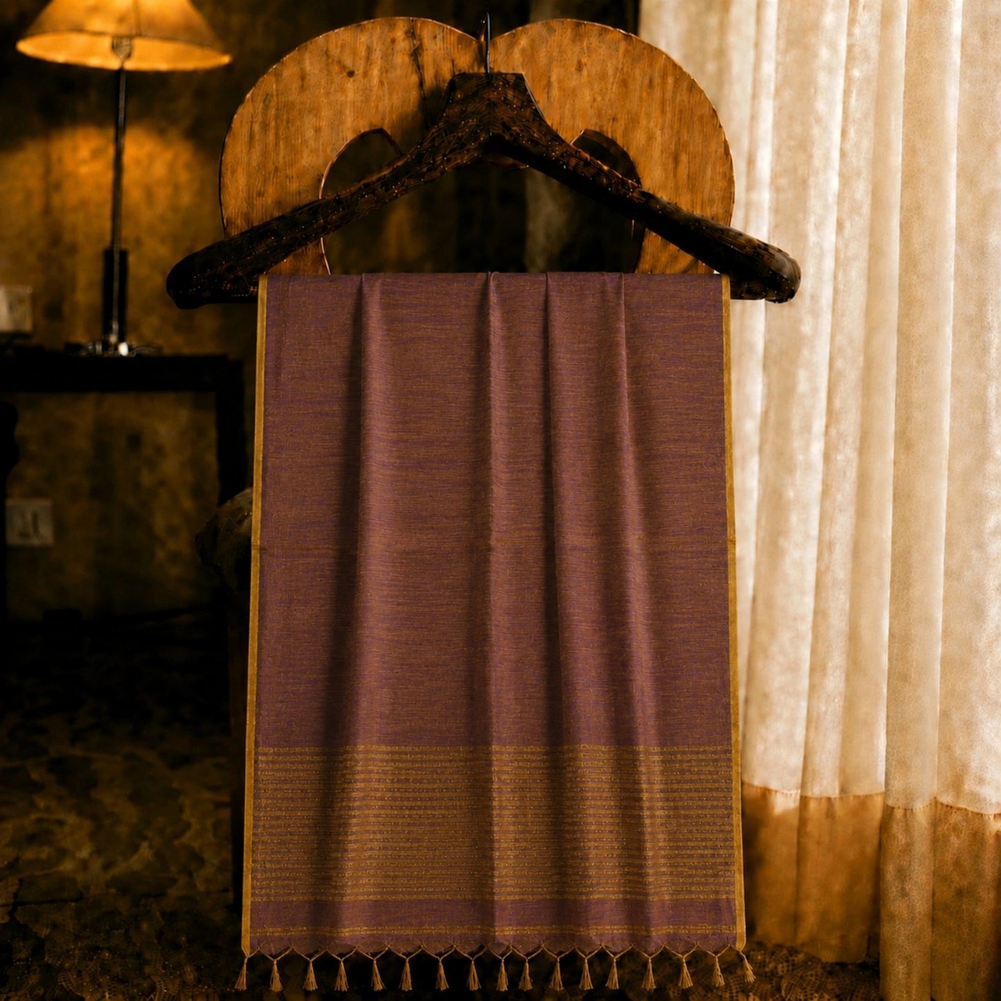 Deep Plum Linen Zari Saree with Gold Striped Pallu and Tassel Detailing