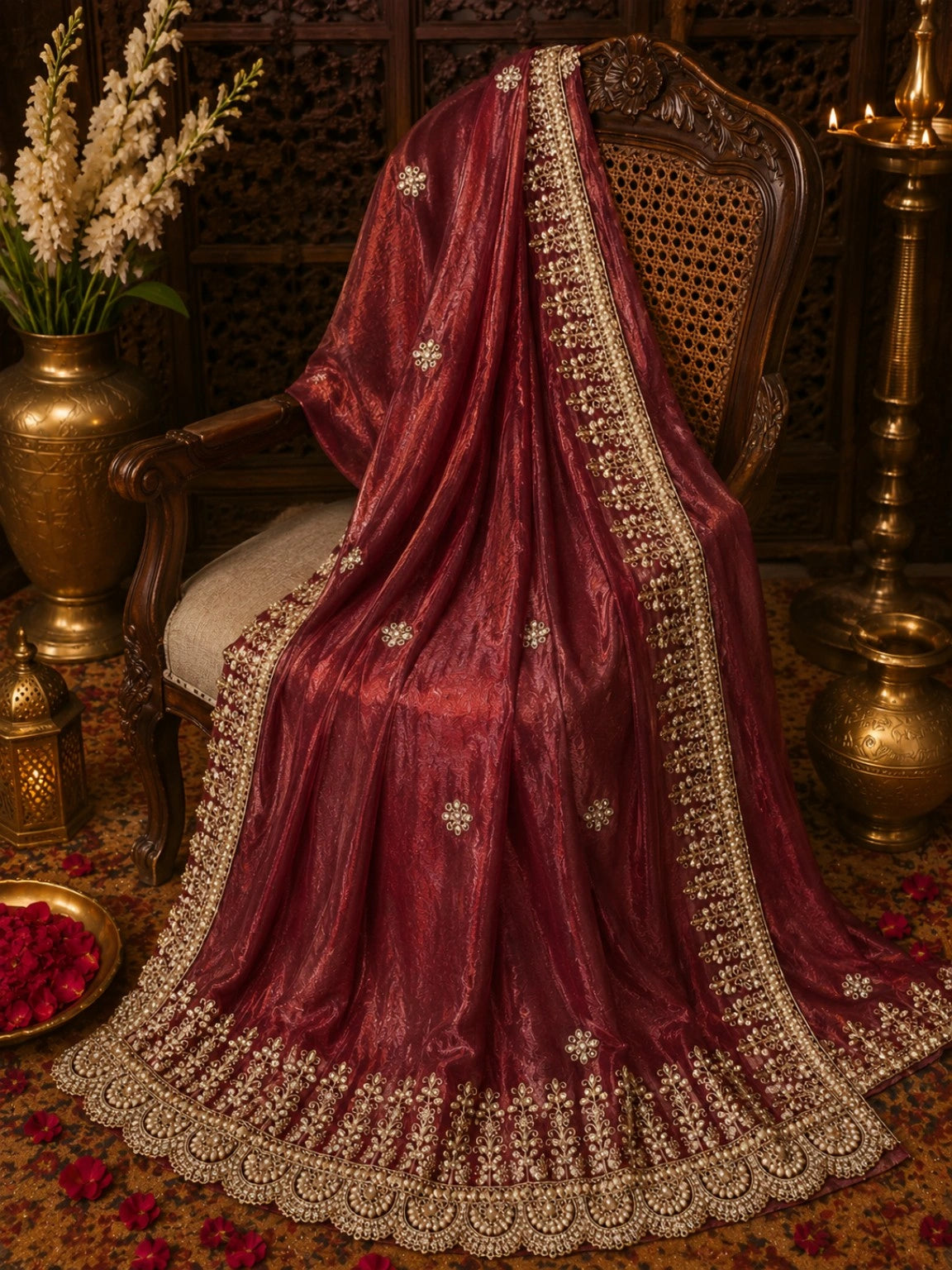 Wine Maroon Jimmy Choo Saree with Gold Embroidered Floral Buta and Scalloped Border