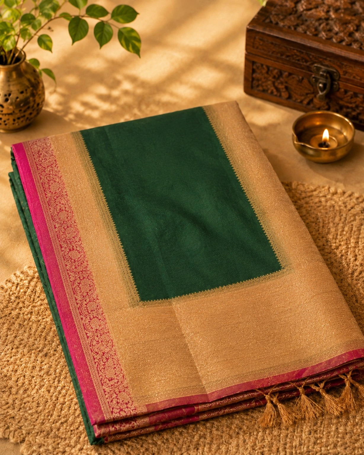 Emerald Green Chinon Coco Zari Khaddi Saree with Gold Woven Border & Rani Pink Zari Accents