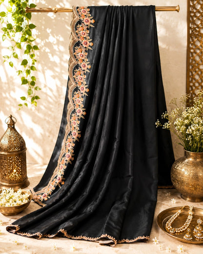 Black Soft Premium Silk Saree with Peach Floral Embroidered Scalloped Border
